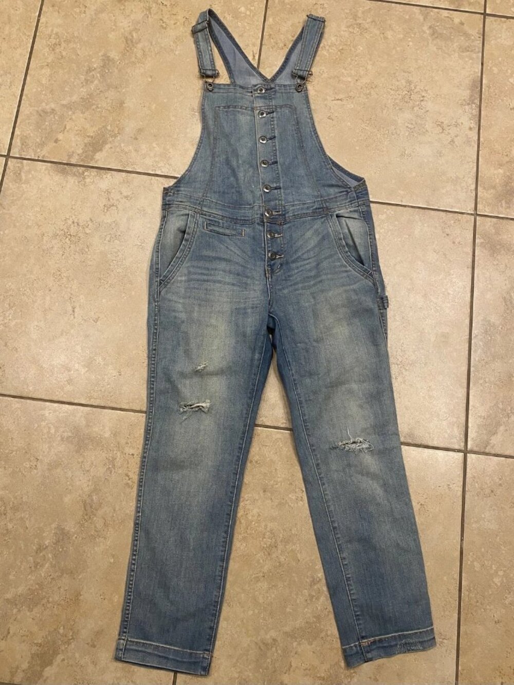 Free People High Roller Denim Overalls Distressed Sz 28” Waist US Sz 6 - Picture 4 of 16